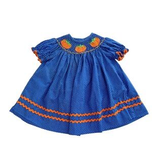 Smocked Auctions Polka dot pumpkin embroidery dress Size 6M blue thanksgiving